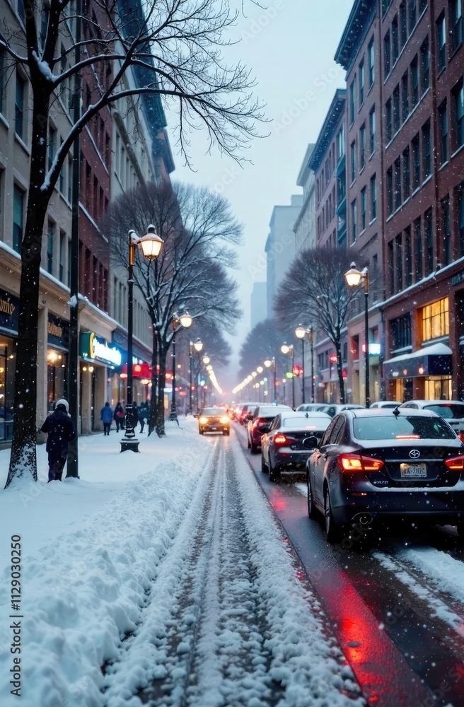 Blurred Winter Background of Blurred Winter Background of Snowy Urban Market Scene in Winter