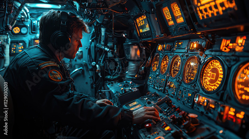 Young man in military uniform and headphones works inside submarine, the acoustician is listening for underwater sounds at control panel. Concept of technology, equipment