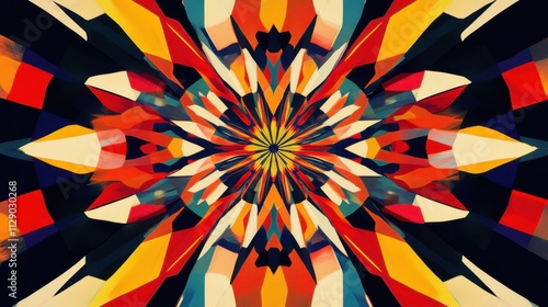 A kaleidoscope of shapes and colors radiating from a single point, Symbolizing the dynamic energy of inclusive societies, minimalist geometric style photo