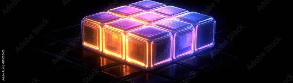 Obraz premium Vibrant glowing cubes in purple and orange against a dark background.