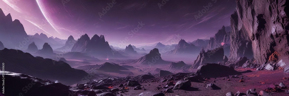 Fototapeta premium The surface of a purple planet reveals a glowing ring embedded in its rocky terrain , geological formation, glowing ring, atmospheric glow