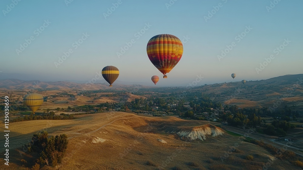 Naklejka premium Hot Air Balloons Soaring Over Scenic Landscape