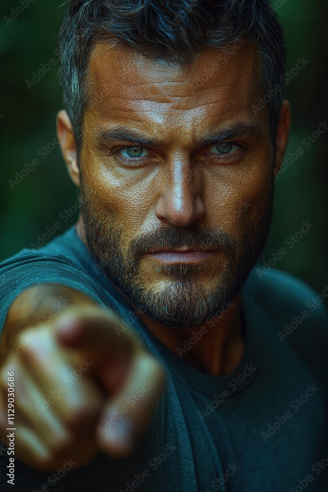 Man with intense expression points aggressively while surrounded by dark forest environment in a close-up shot during daylight Man with intense expression points aggressively while surrounded by dark forest environment in a close-up shot during daylight
