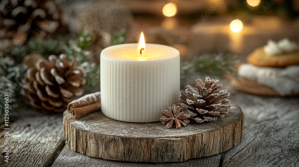 Cozy winter scene with candle, pine cones, and holiday treats on wooden table Cozy winter scene with candle, pine cones, and holiday treats on wooden table