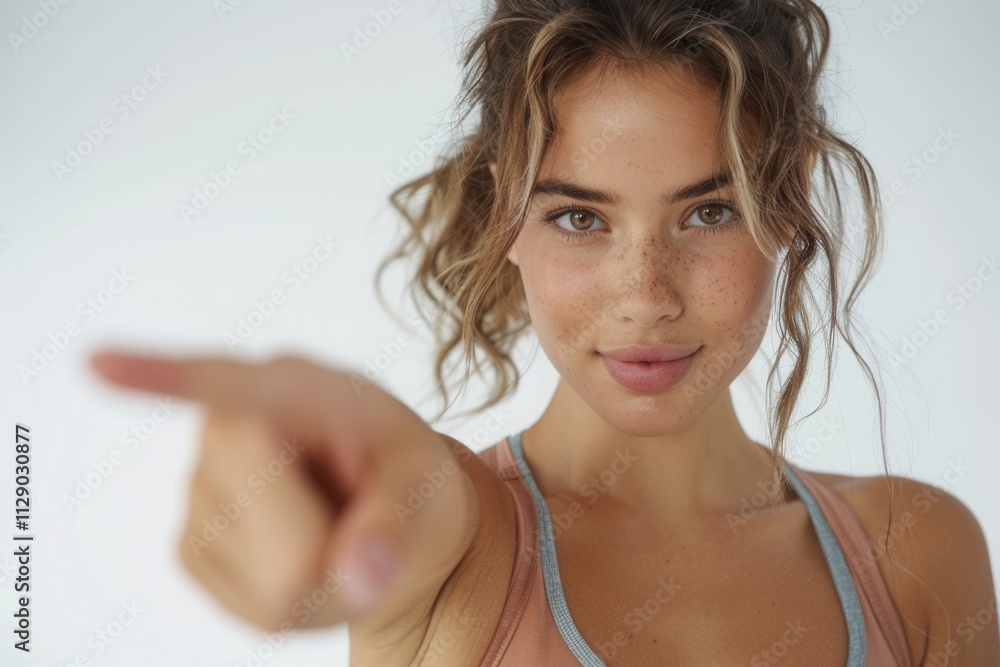 Woman with curly hair confidently pointing at the camera in a bright and airy indoor setting during a casual photoshoot focusing on self-expression and confidence Woman with curly hair confidently pointing at the camera in a bright and airy indoor setting during a casual photoshoot focusing on self-expression and confidence