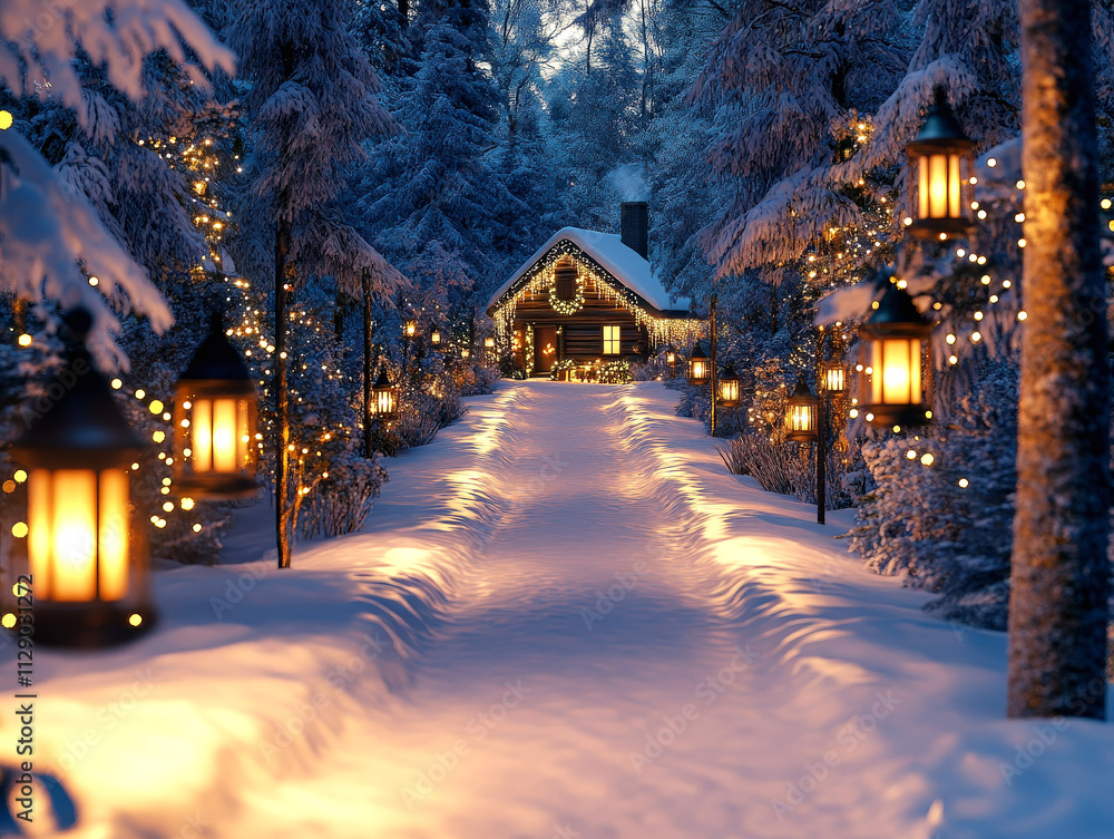 A cozy cabin illuminated by lanterns along a snowy path, surrounded by winter trees, creating a magical holiday atmosphere. A cozy cabin illuminated by lanterns along a snowy path, surrounded by winter trees, creating a magical holiday atmosphere.