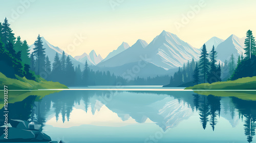 A serene mountain landscape with a clear lake reflecting mist-covered peaks and lush green trees. the echo of a mountain stream. Echo. Illustration photo