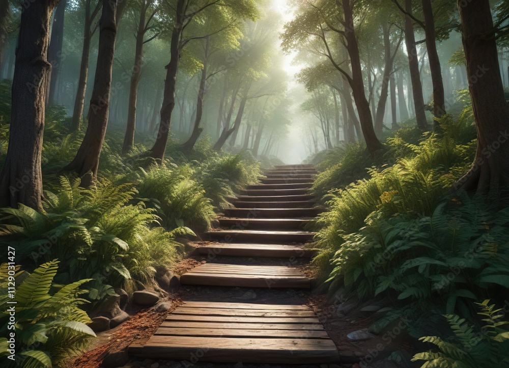 The wooden steps fade into the surrounding trees as one descends deeper into the forest , outdoor stairs, tree-lined path The wooden steps fade into the surrounding trees as one descends deeper into the forest , outdoor stairs, tree-lined path
