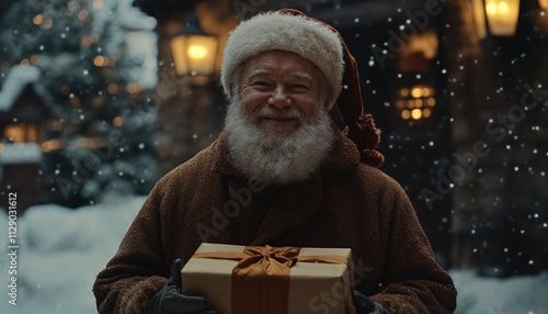 A smiling Santa Claus holding a gift on a snowy evening, with glowing lanterns and a serene atmosphere. photo