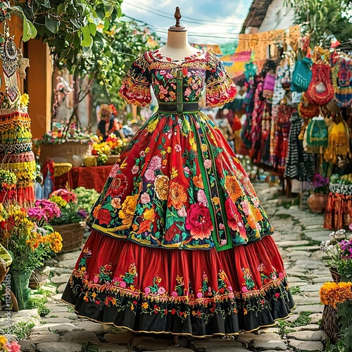 vibrant fiesta puebla dress on mannequin mexican clothes