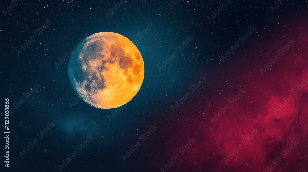 Vibrant Moon Against Dark Nebula Background in Night Sky Vibrant Moon Against Dark Nebula Background in Night Sky