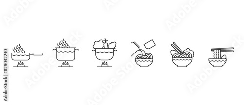 Noodles icon. Vector illustration of making instant noodle, step by step how to cooking instant noodle. Instant noodle making instructions in line icon style. Vector icons in transparent background.