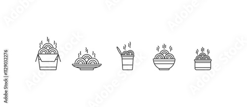 Simple noodles dish icon. Ramen icon set. Noodle dish in line icon style. Simple vector bowl of noodles line icon in transparent background.