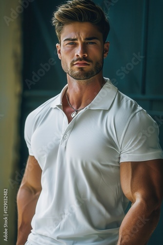 Fit male model posing in a stylish white polo shirt, showcasing strength and confidence in an urban setting with industrial backdrop during daylight hours