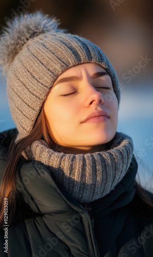 Young woman in warm clothing breathes in fresh air while closing her eyes, embracing moment of peace and tranquility amidst cold winter day in nature.