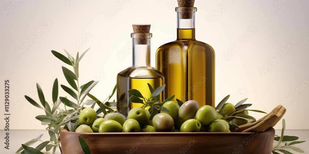 Olive oil and fresh olives in a rustic bowl with elegant bottles on a neutral backdrop highlighting culinary freshness and quality Olive oil and fresh olives in a rustic bowl with elegant bottles on a neutral backdrop highlighting culinary freshness and quality