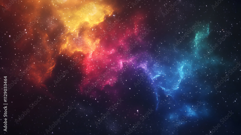 A vibrant cosmic nebula displays multicolored gaseous clouds and stars A vibrant cosmic nebula displays multicolored gaseous clouds and stars