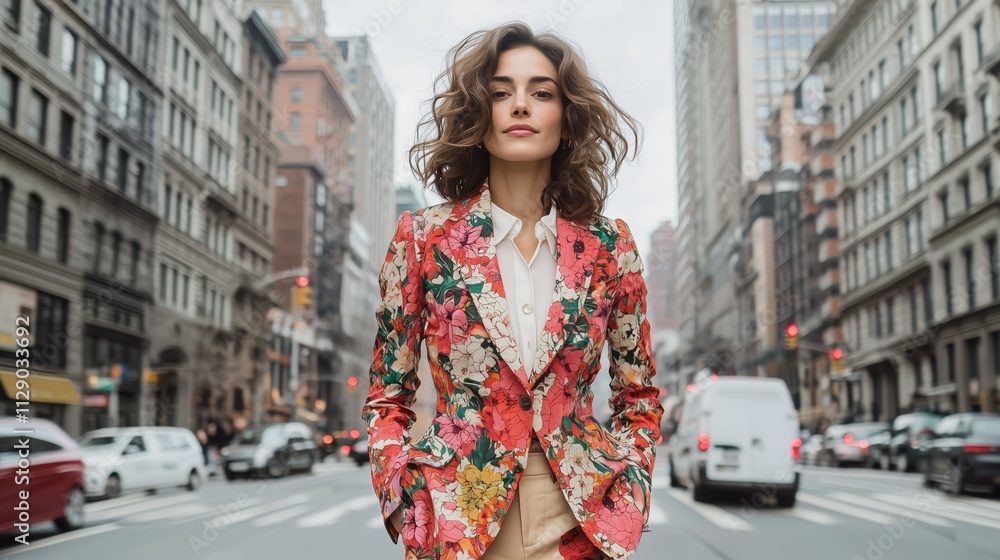Fototapeta premium Stylish Woman in Floral Blazer Posing on Busy City Street