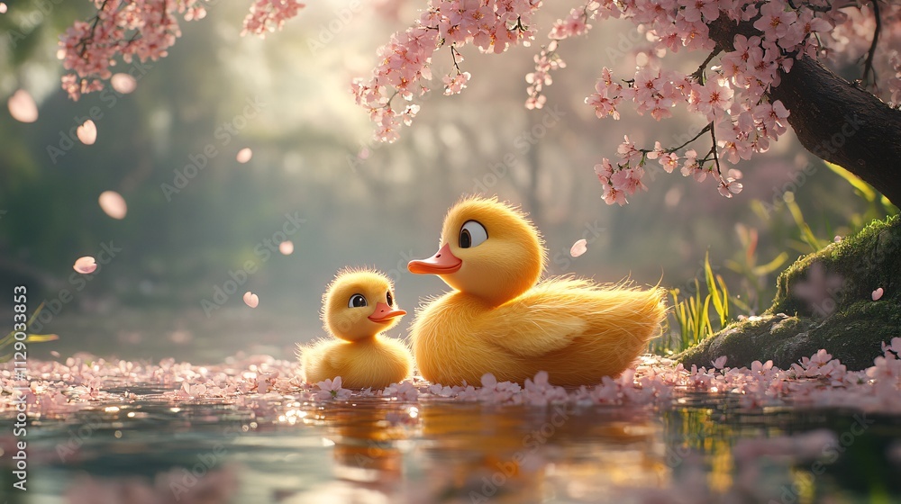 Two Ducks Relaxing Under Cherry Blossom Trees Two Ducks Relaxing Under Cherry Blossom Trees