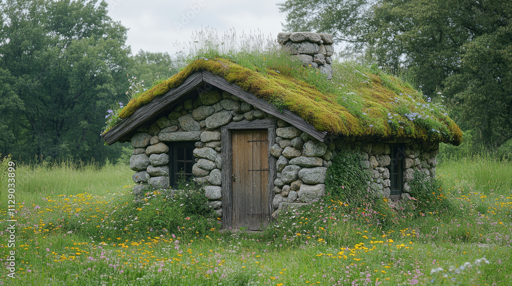 A small stone hut with moss-covered walls, surrounded by wildflowers and tall grass, evoking a sense of self-sufficiency and harmony with nature, A small stone hut with moss-covered walls, surrounded by wildflowers and tall grass, evoking a sense of self-sufficiency and harmony with nature,