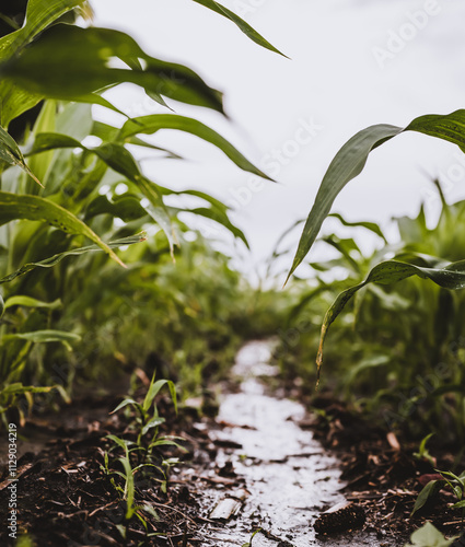 Low angle view between corn rows after an intense rainstorm with standing puddles of water. 