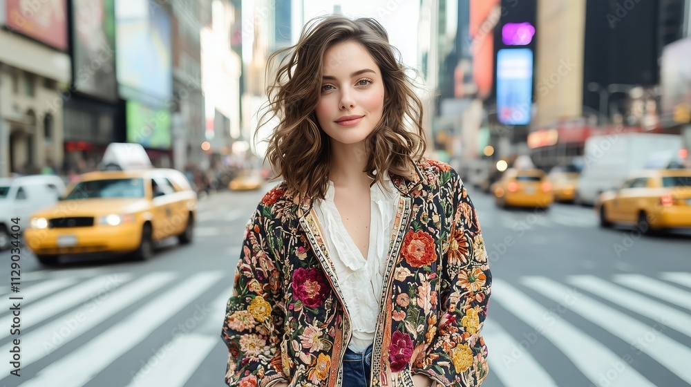 Urban Fashion in Times Square with Model in Colorful Jacket Urban Fashion in Times Square with Model in Colorful Jacket
