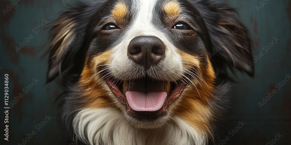 Happy dog with a joyful expression on a dark background showcasing its playful nature and friendly demeanor Happy dog with a joyful expression on a dark background showcasing its playful nature and friendly demeanor