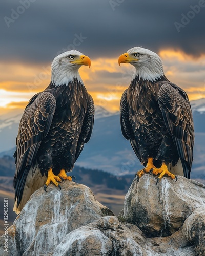 Two majestic bald eagles perched on rocks against a dramatic sunset over the mountains in a serene wilderness setting photo