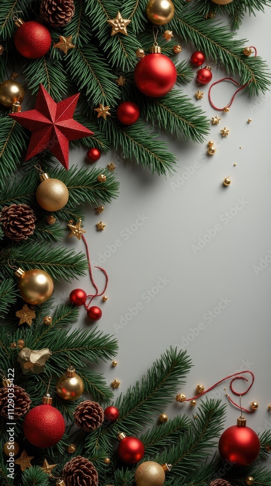 Festive christmas arrangement with pine branches and red golden ornaments on gray background.Christmas background and card concept. Festive christmas arrangement with pine branches and red golden ornaments on gray background.Christmas background and card concept.