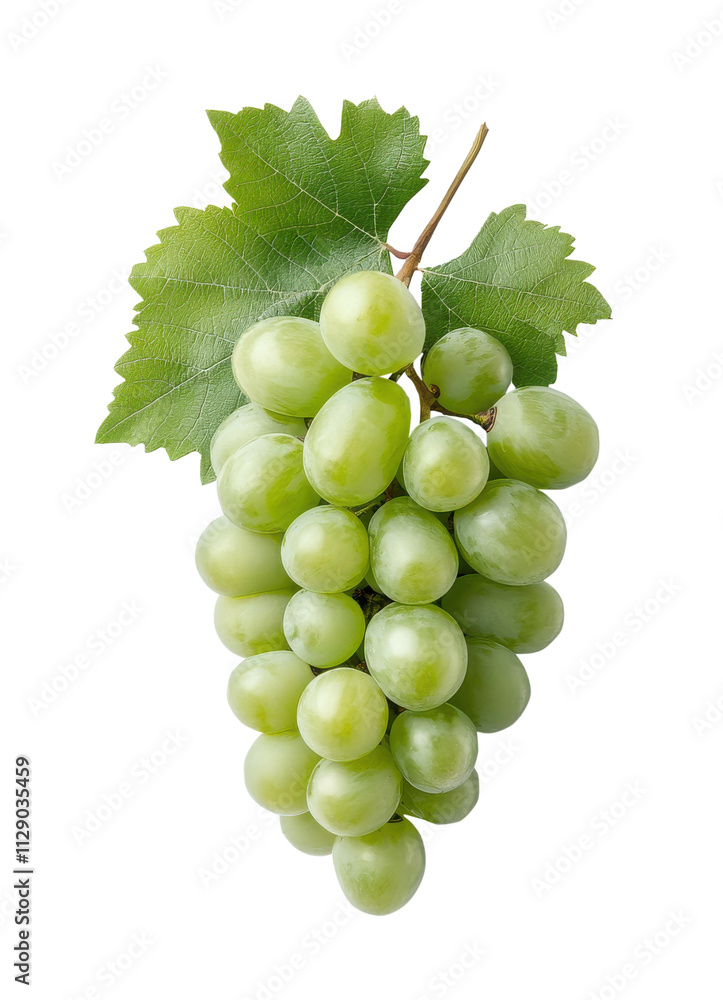 A bunch of fresh green grapes with attached vine leaves on a black background highlighting the plump and juicy fruit A bunch of fresh green grapes with attached vine leaves on a black background highlighting the plump and juicy fruit