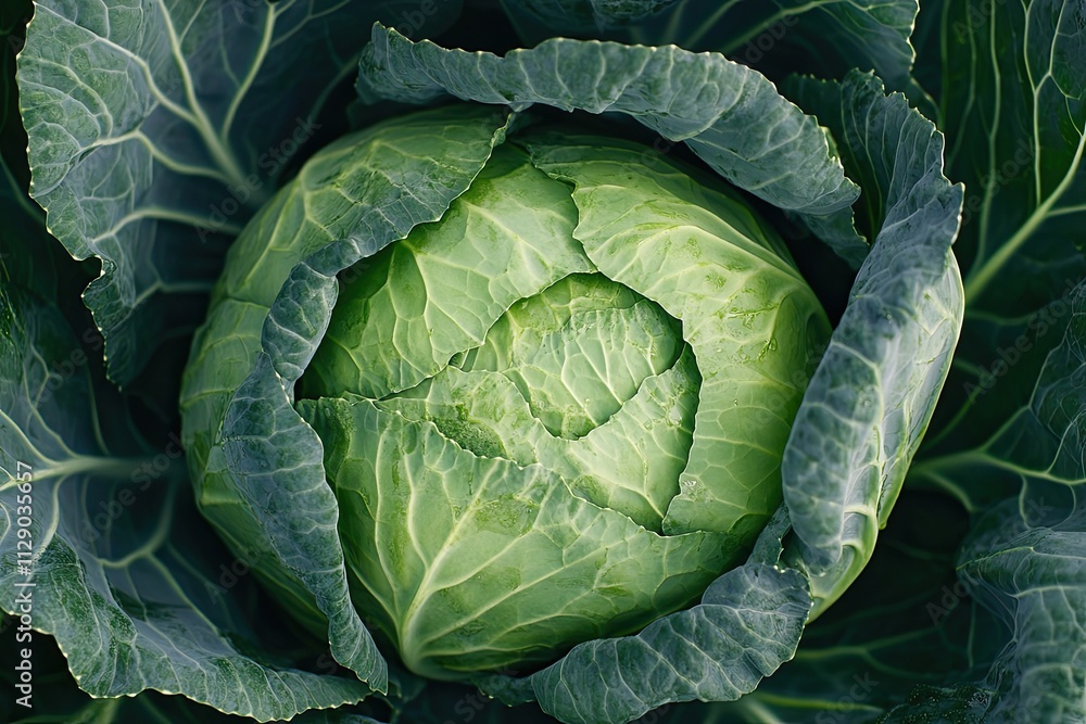 Obraz premium Green Cabbage Head Growing In Garden