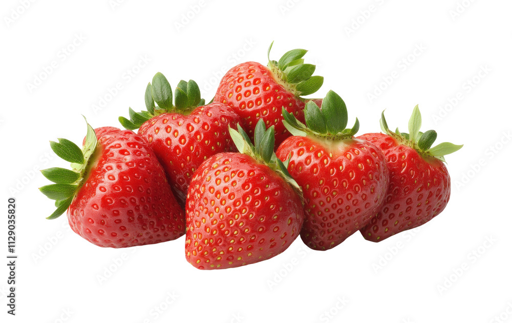 A group of ripe red strawberries with green leaves and seeds visible on a black background highlighting summer freshness A group of ripe red strawberries with green leaves and seeds visible on a black background highlighting summer freshness