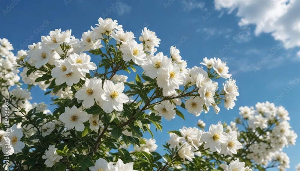 White flower bush in full bloom against a blue sky, summer, natural light, blossoming, sunny day, serene White flower bush in full bloom against a blue sky, summer, natural light, blossoming, sunny day, serene