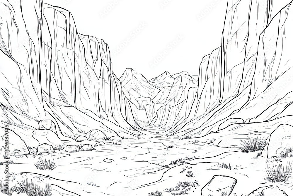 Fototapeta premium Line Drawing of a Canyon Landscape With Sparse Vegetation