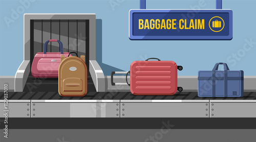 Airport conveyor belt with luggage bags. Suitcases on airport luggage conveyor belt. Travel bag