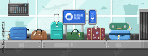 Airport conveyor belt with luggage bags. Suitcases on airport luggage conveyor belt. Travel bag