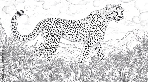 Majestic cheetah in detailed line art, set against a mountain landscape and floral foreground. photo