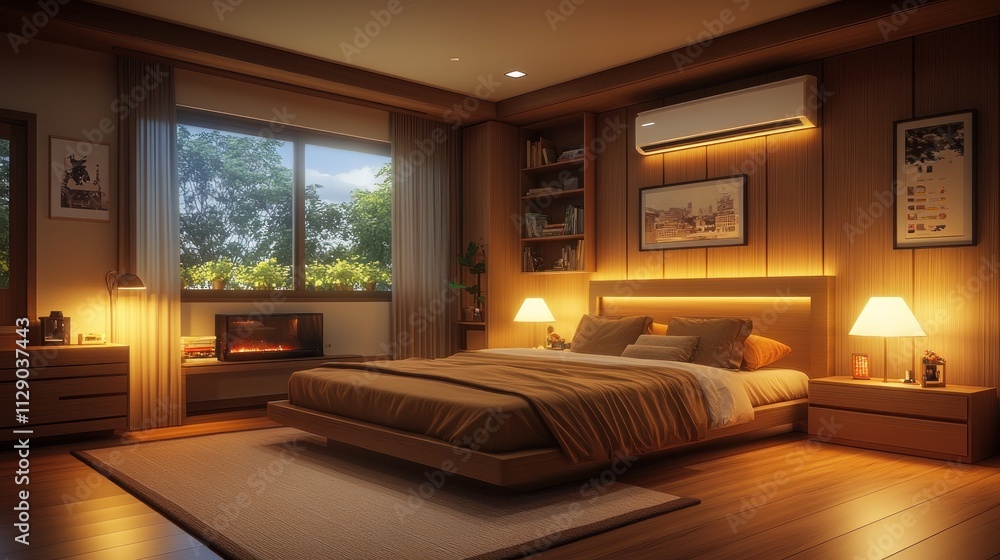 Fototapeta premium Serene Evening in a Luxurious Wooden Bedroom