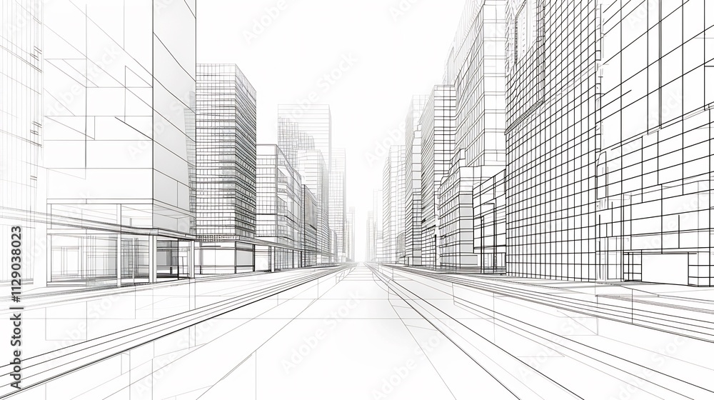 Architectural Wireframe Cityscape: A Modern Urban Design Visualization Architectural Wireframe Cityscape: A Modern Urban Design Visualization
