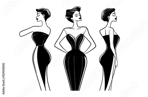 Three fashion illustrations depict women in sleek, elegant dresses, emphasizing curves and sophisticated lines. These designs highlight modern fashion aesthetics and creativity.