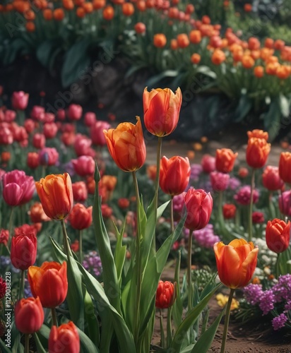 Tulip stems bending under the weight of blooming flowers, beauty, stem