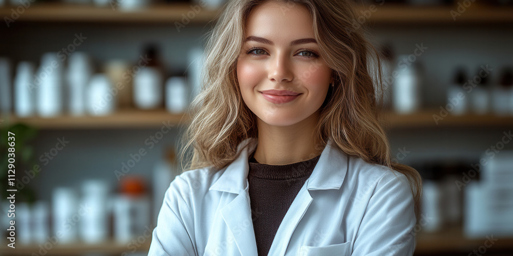 Smiling female healthcare professional in a laboratory setting surrounded by various health products Smiling female healthcare professional in a laboratory setting surrounded by various health products