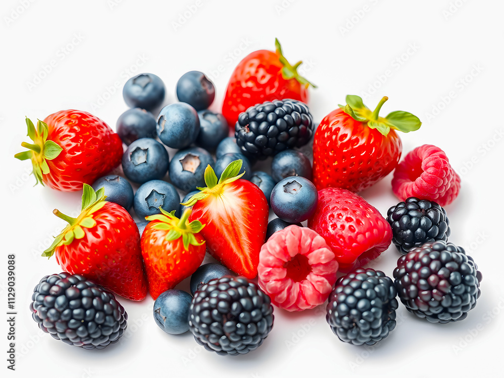 Strawberries, blueberries and raspberries on white background Strawberries, blueberries and raspberries on white background