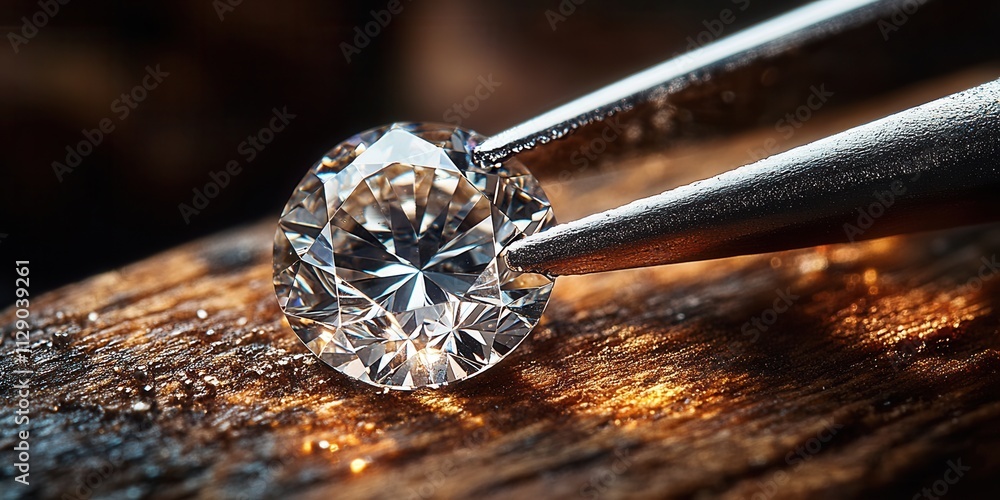 Close-up view of a sparkling diamond being held with precision tools over a textured wooden surface Close-up view of a sparkling diamond being held with precision tools over a textured wooden surface