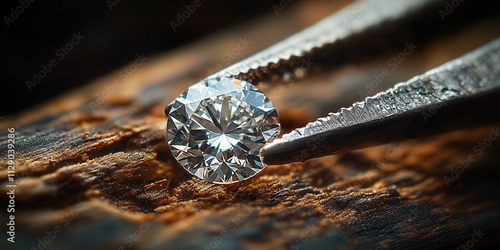 Stunning diamond being carefully examined with precision tweezers against a textured wooden background in a softly lit environment Stunning diamond being carefully examined with precision tweezers against a textured wooden background in a softly lit environment