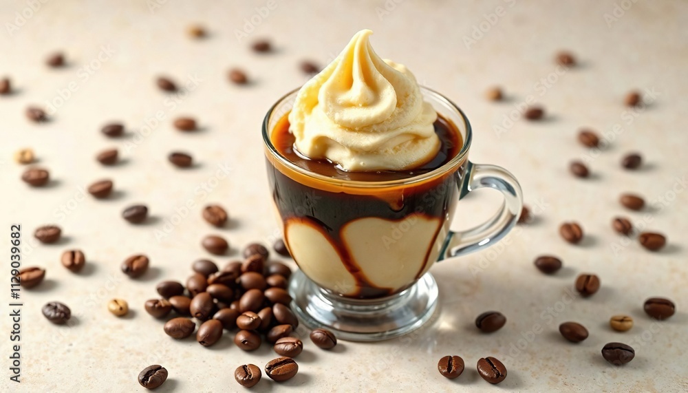 Vanilla ice cream and rich espresso together on a light background with scattered coffee beans , warm drink, light background Vanilla ice cream and rich espresso together on a light background with scattered coffee beans , warm drink, light background