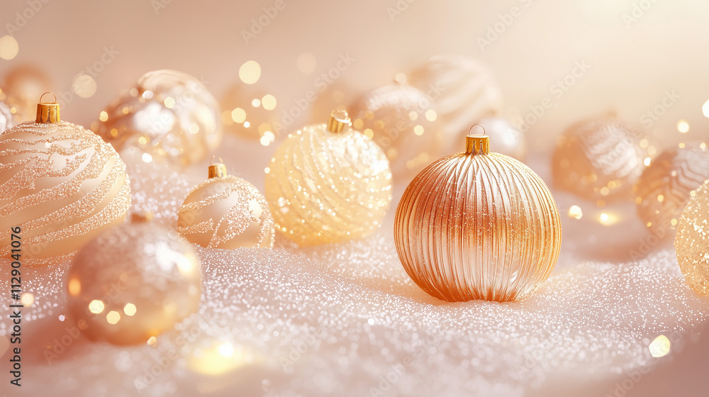 Elegant golden Christmas ornaments with glowing fairy lights on a soft pastel background, creating a dreamy and festive holiday aesthetic. Elegant golden Christmas ornaments with glowing fairy lights on a soft pastel background, creating a dreamy and festive holiday aesthetic.