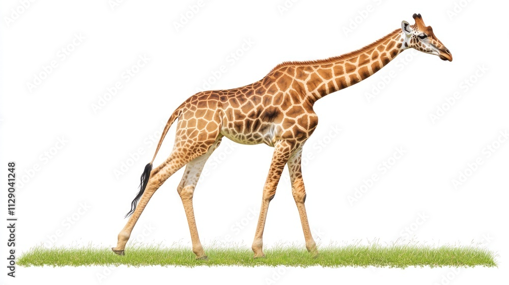 Naklejka premium Giraffe Walking on Grass Against White Background