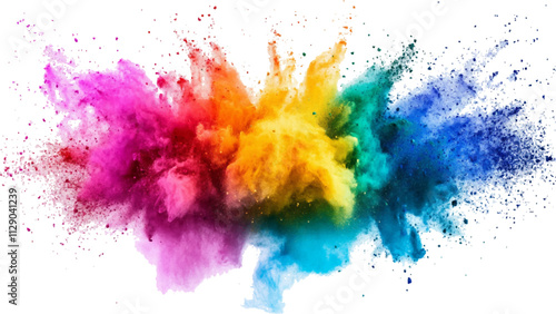 Rainbow Explosion of Colorful Powder.Multicolored Powder Explosion Isolated on White Background. colorful vibrant rainbow Holi paint color powder explosion with bright colors isolated white background