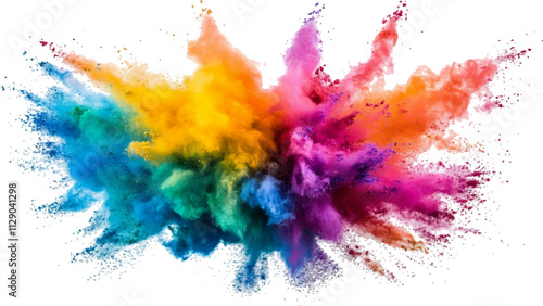 Rainbow Explosion of Colorful Powder.Multicolored Powder Explosion Isolated on White Background. colorful vibrant rainbow Holi paint color powder explosion with bright colors isolated white background